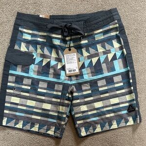 Prana Men's Patterned Geometric Swim Shorts - Blue, Gray, and Green, 33